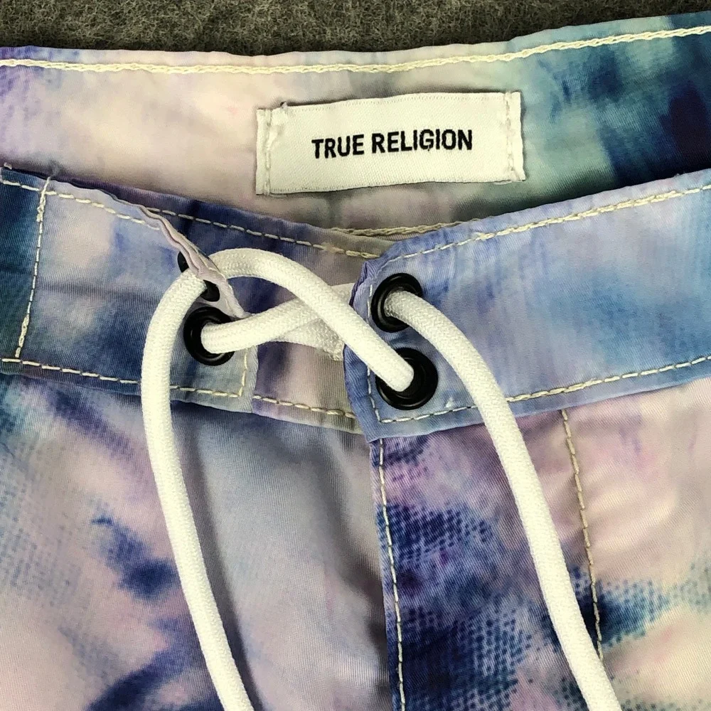 True Religion Board Shorts Mens 36 Tie Dye Swim Trunks Drawstring Zipper Beach